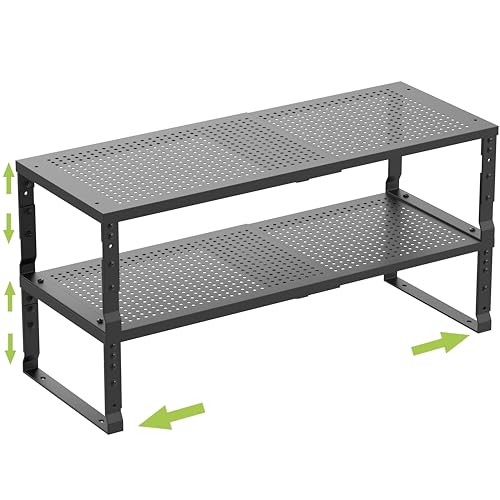 Jojocross Expandable Cabinet Shelf Organizer Storage Spice Rack Shelves for Kitchen Stackable Adjustable Pantry Cupboard Bathroom Countertop Desktop(2Packs/Black/Large-with Hole) - color: 2 Packs/Black With Hole, size: LARGE:10.1"D x 16.6~26.5"W x 6.1"/7.