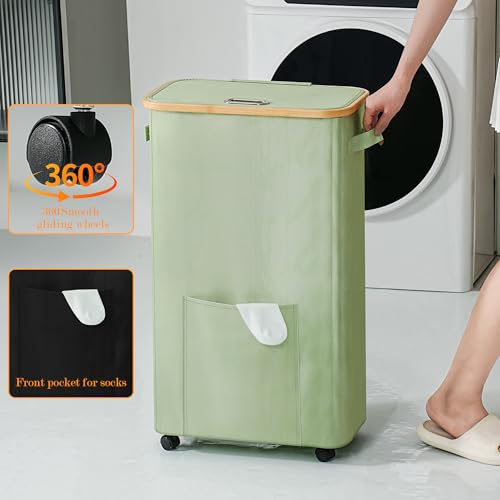 Vincona Laundry Basket with Wheels, Dirty Clothes Hamper on Wheels, Rolling Tall Laundry Hamper with lid for Laundry Room, Dorm and Bathroom, 75L Sage Green - color: Sage Green, size: 75L
