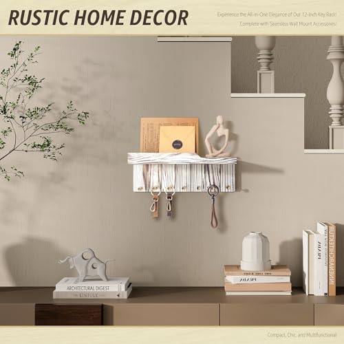 Rebee Vision Farmhouse Key Holder Wall Mount Combo - Small Key Holder for Wall with Floating Shelf & Mail Organizer Wall Mounted with 7 Hooks - Apartment Essentials (Whitewash)