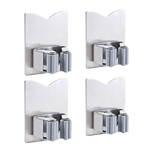 HANZE Stainless Steel Mop Broom Holder Organizer, Self Adhesive Wall Mounted Mop Organizer Storage Rack Clip for Kitchen Bathroom and Garage (Model 2 (4 Pakck)) - color: Model 2 (4 Pakck)
