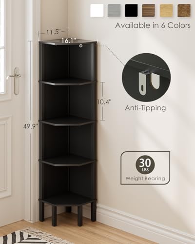 Corner Shelf, 5 Tier Corner Bookshelf, Display Corner Shelf Stand with Storage Rack, Wall Corner Bookshelf for Living Room, Bedroom, Office, Black - color: Black Without Light
