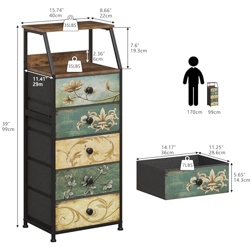Tohomeor Nightstand with Fabric Drawers Dresser with 2 Tier Shelf Storage Tower for Bedroom Hallway Entryway Closet Organizer Sofa Beside Table Furniture (Multi, 5 Drawers) - size: 15.7"D x 11.8"W x 39"H (5 Drawers)