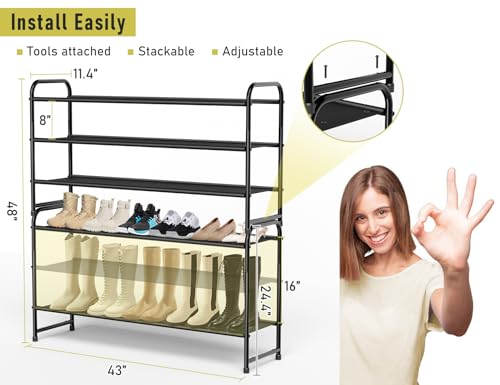 MISSLO 3-Tier Long Shoe Rack for Closet Shoe Organizer for Closet Floor Entryway Storage Stackable Wide Shoe Shelf Stores 24 Pairs of Men Sneakers, Black - color: Black, size: 3 Tier