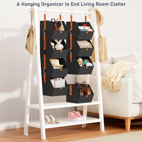 DIMJ Hanging Closet Organizer - 4 Tier Collapsible Hanging Shelves with Hooks Zipper, Fabric Clothes Organizer, Space-Saving Storage Bin Basket for RV, Bedroom, Laundry Organization - color: Black, size: 4 Pack