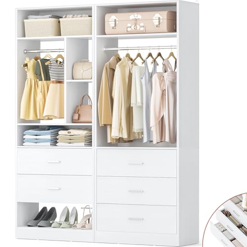 Besiost 4FT Closet Systems with 5 Wood Drawers, 48 Inch Closet Organizer System with 2 Hanging Rods & 7 Shelves, Heavy Duty 48" Walk-in Closet , White (48"L x 15" W x 80" H) - color: White