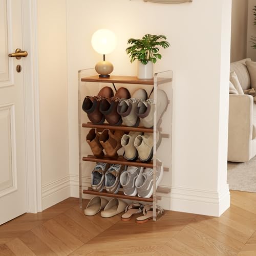 Shoe Rack, 4-Tier Slanted Shoe Storage Shelf, Narrow Shoe Rack for Entryway, Solid Wood and Acrylic Shoe Stand, Slim Shoe Shelf with Wooden Top ，Suitable for Bedrooms and Living Rooms - size: 48