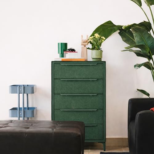 tinge Naima Premium Fabric Dresser - Strong Metal Frame, 5 Spacious Sag-Proof Drawers with Sleek Metal Handles - Premium & Durable Storage Solution for Your Home (Green) - color: Green, size: 14"D x 23.5"W x 41.8"H (5 Drawers)