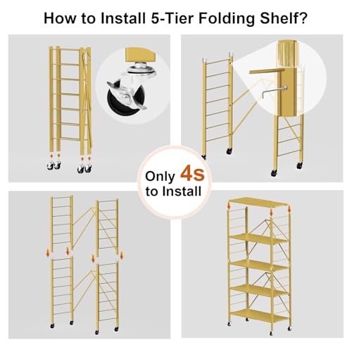 5 Tier Foldable Storage Shelves, Expandable Folding Shelving Units with Wheels, Changeable into 2 Shelf Units, Collapsible Adjustable Storage Rack Metal Shelves for Storage, Pantry, Garage, Gold - color: Gold, size: 5-Tier