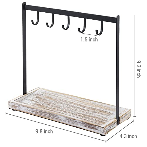 MyGift Black Metal Entryway Key Holder with 5 Hooks and Shabby Whitewashed Wood Base, Tabletop Necklace and Jewelry Organizer Rack with Ring Tray - color: Whitewashed