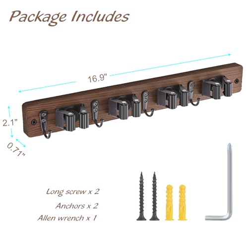 OUTNILI Mop and Broom Holder Wall Mount - Wood Broom Mop Hanger - Wall Mounted Garden Tool Rack Organizer for Closet Garage Laundry Room, Rustic Kitchen Decor With 4 Slots & 4 Hooks - color: Brown-4 Grips, size: 1 Pack