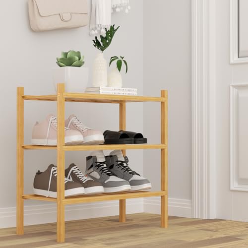 ROMGUAR CRAFT 3-Tier Bamboo Small Shoe Rack, Free Standing Wood Shoe Shelf Storage Organizer for Closet Entryway Stackable (Natural) - color: Natural, size: 3-Tier(Small)