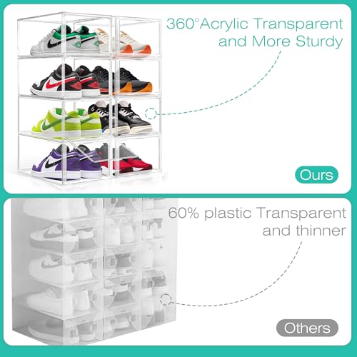 12 Pack Drop-Front Clear Shoe Box Acrylic Storage Box Shoe Organizer Size 13, Stackable Shoe Tower with Magnetic Door Large Storage Bins for Sneaker Containers Display & Closet Organization - color: Clear, size: Large Size 14