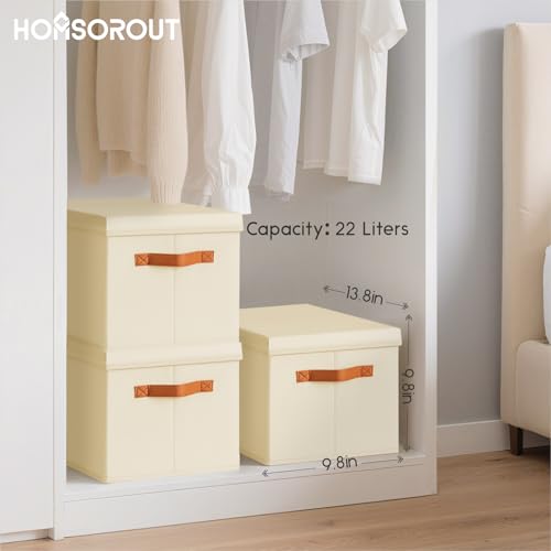 Homsorout Storage Bins with Lids - Fabric Storage Baskets for Shelves, 4 Pack Foldable Decorative Boxes with Handles, Stackable Organizer Bins for Home, Nursery, Dorm, Beige - color: Beige, size: L(4-Pack)