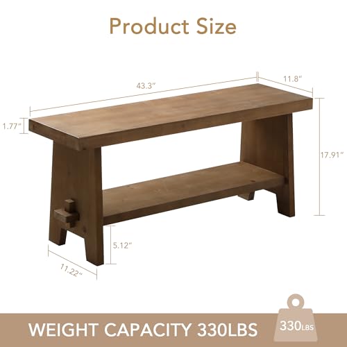 HOKYHOKY Solid Wood Entryway Bench - 43.3" Farmhouse Long Storage Bench, Rustic Narrow Bench Seat for Indoor, Entryway, Dining Room, Living Room and Hallway, Brown - size: 43.3"