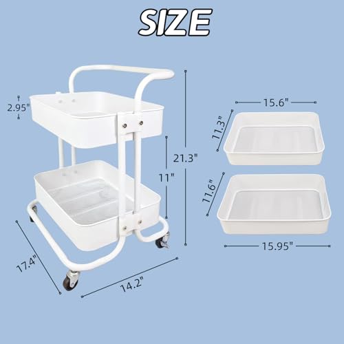 2 Tier Cart with Wheels Under Desk Storage with Handle, Metal Rolling Pantry Cart for Kitchen White Small Rolling Basket for Laundry Room Bathroom, Utility Shelf Organizer for Small Space - color: C-white