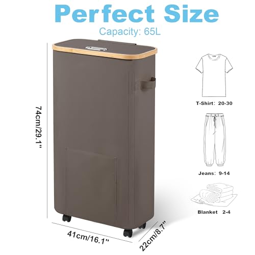 Vincona Laundry Basket with Wheels, Tall Dirty Clothes Hamper on Wheels, Rolling Laundry Hamper with lid for Dorm, Bedroom and Bathroom - color: Grey, size: 65L