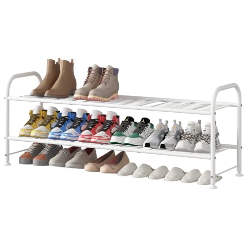LINZINAR Shoe Rack Long 2 Tier Shoe Storage Organizer Metal Wide Shoe Shelf for Closet Entryway Bedroom 18 Paris Large Capacity, White - color: White, size: 2-Tier
