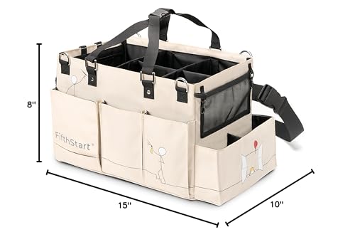 FifthStart Multiuse Cleaning Caddy with Waist & Shoulder Strap,9 Pockets Professional Bag, Mesh Base & Adjustable Compartments - Beige Large Organizer with Handle - Cleaning Caddy Bag (Beige, Large) - color: Beige, size: Large