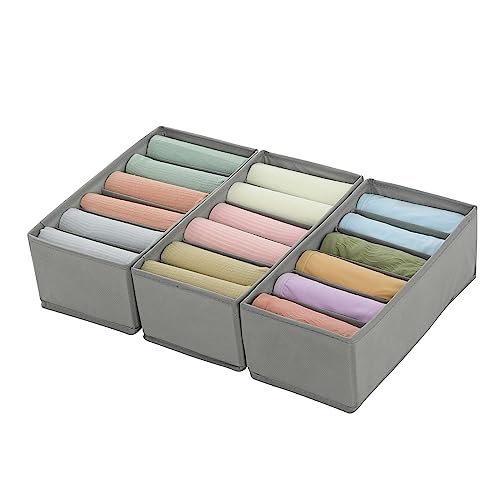 Qozary 3 Pack Sock Underwear Drawer Organizer Dividers, Non-Woven Fabric Collapsible Cabinet Closet Storage Boxes for Clothes, Socks, Lingerie, Underwear, Tie, Belt, Baby, Bedroom - color: Light Grey, size: 6 Cells