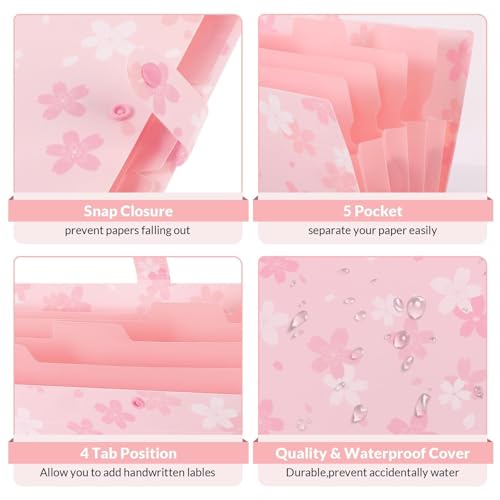 SKYDUE Pink Expanding File Folder with 5 Pockets, Cute Accordion File Organizer, Portable Receipt Paper Documents Organizer, Letter Size Filing Folder School Office Supplies - color: Sakura Pink