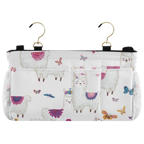 Bedside Caddy Metal Frame Hanging Organizer Bunk Bed Dorm Accessories Hook And Loop Storage Bag Large Pockets Hearts Llamas Butterfly - color: Hearts Llamas Butterfly