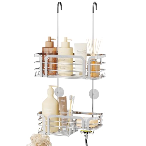 SWTYMIKI Shower Caddy Hanging Organizer - Over the Door Shower Caddy with Soap Holder, 11 Hooks, 2 Installation Ways, Stainless Steel Rustproof Bathroom Organizer, Silver - color: Silver