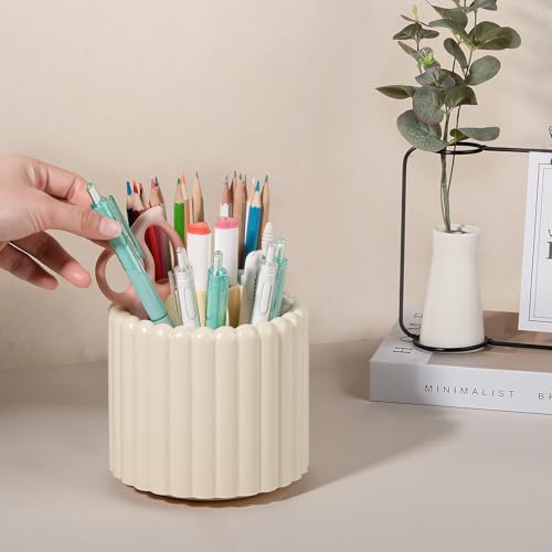 Anyoifax 360° Rotating Pen Holder 7 Slots Desk Organizer Removable Pencil Cup Plastic Art Supplies and Accessories Desktop Storage Box Caddy for Office, School, Home (Beige) - style: Stripe Beige