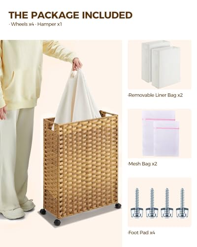 Greenstell Laundry Hamper with Wheels, 17.4 Gallon (66L) Slim Laundry Basket with 2 Removable Liner Bags & 2 Mesh Bags, Narrow Rattan Clothes Hamper for Bedroom, Laundry Room, Bathroom, Natural - color: Natural, size: 66L (19.7 x 7.9 x 27.6 inches)