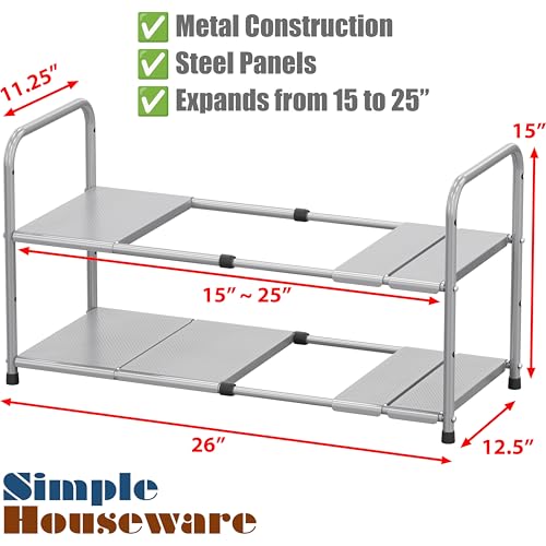 Simple Houseware Under Sink 2 Tier Expandable Heavy Duty Metal Shelf Organizer Rack, White (Expand from 15 to 25 inches) - color: White