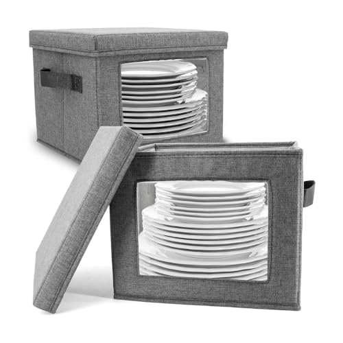 HOMELUX THEORY Hard Shell China Storage Containers for Dishes, 2pcs 12"x8" Plate Storage, Square Storage Containers with Lid, Heavy Duty Fine China Dish and Dinnerware Storage with 30 Felt Pads - color: Dark Gray, size: 11. Plate Storage 12" (Cube 2pc)