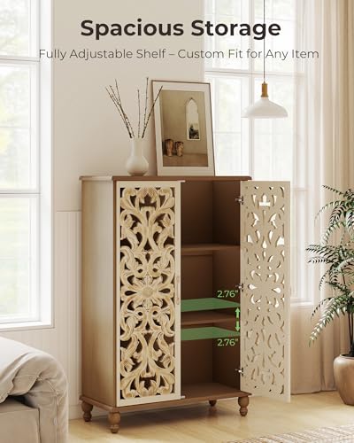 47" Tall Accent Cabinet with Carved Doors, Storage Cabinet with 3 Adjustable Shelves, Narrow Boho Farmhouse Sideboard for Entryway, Living Room, White&Natural