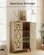 47" Tall Accent Cabinet with Carved Doors, Storage Cabinet with 3 Adjustable Shelves, Narrow Boho Farmhouse Sideboard for Entryway, Living Room, White&Natural