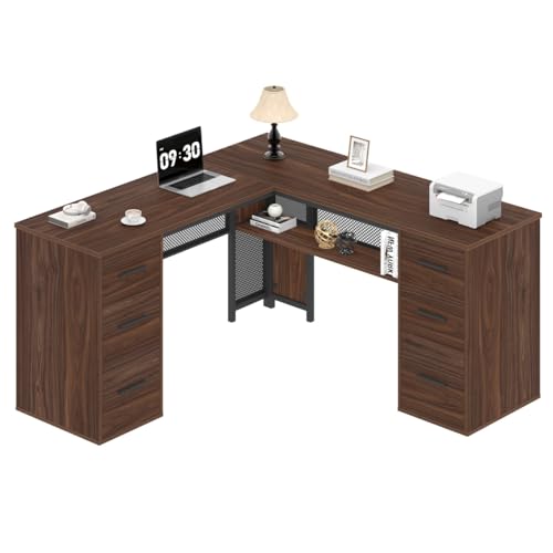 HSH Large L Shaped Executive Desk with Drawers, Home Office Metal Wood Computer Desk for Work Writing Study Gaming, Rustic L-Shaped Walnut Desk Table with File Drawer, Storage Cabinet Shelves, 59 in - color: Walnut