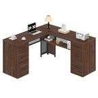 HSH Large L Shaped Executive Desk with Drawers, Home Office Metal Wood Computer Desk for Work Writing Study Gaming, Rustic L-Shaped Walnut Desk Table with File Drawer, Storage Cabinet Shelves, 59 in - color: Walnut