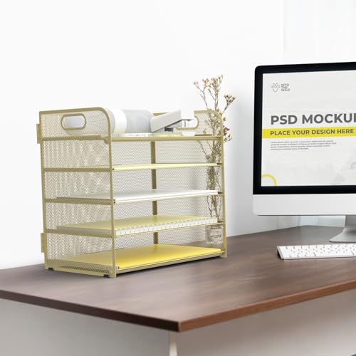 Sinboun Letter Tray Paper Organizer 5-Tier Desk Organizer File Organizer Paper Holder with Handle, Metal Desktop Document Shelf Tray Office Classroom Organization - Gold - color: Gold