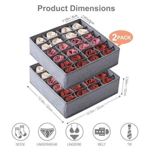 Qozary 2 Pack Socks Underwear Drawer Organizer Divider, 24 Cell or 16 Cell Collapsible Cabinet Closet Organizer Storage Boxes for Clothes, Socks, Lingerie, Underwear, Ties - color: Grey, size: 24 Cells