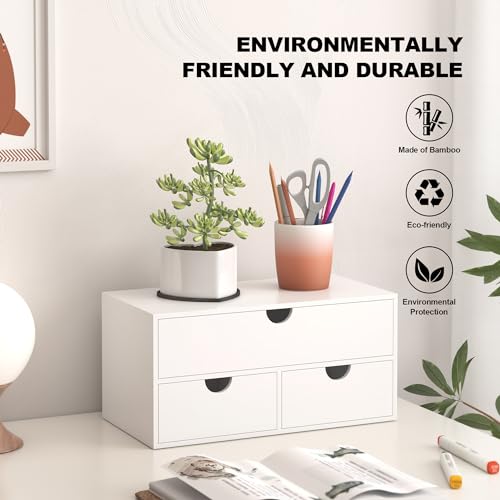 Bamboo Desk Organizer with Drawers Desktop Storage Drawers for Bills Office Supplies Kitchen Utensils Organizing Tool for Home Classroom Organization No Assembly (White) - color: White