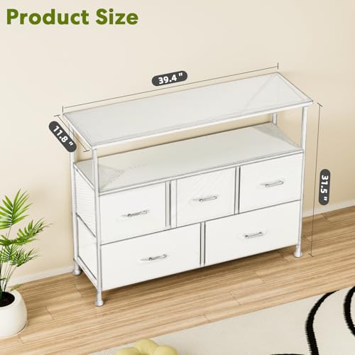 Simple Deluxe TV Stand Dresser for Bedroom Entertainment Center with 5 Fabric Drawers, Storage Organizers Units for Living Room, Media Console Table with Open Shelf up for 45" TV, White, Wood top - color: White, size: 39.3"D x 11.8"W x 31.8"H (5 Drawers)