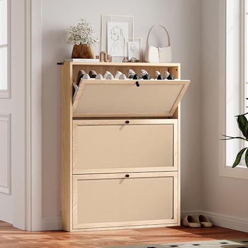 AVZEAR Narrow Shoe Storage Cabinet for Entryway with Natural Linen Panel, Freestanding Slim Shoe Cabinet with 3 Flip Drawers, Wood Shoe Organizer Closed Shoe Rack for Hallway, Living Room(Natural) - color: Natural, size: 3 Drawers Single Layer
