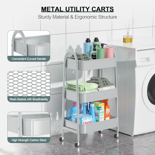 EAGMAK 3 Tier Utility Rolling Cart, Metal Storage Cart with Handle and Lockable Wheels, Multifunctional Storage Organizer Trolley with Mesh Baskets for Kitchen, Living Room, Office, Garage (Grey) - color: Gray, size: Normal