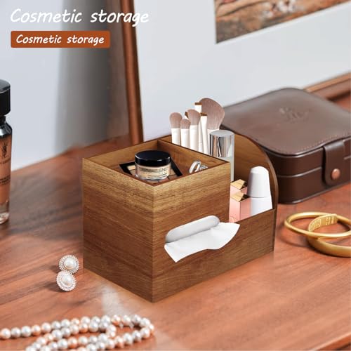 BIBELUN Wood Tissue Box Cover Square with Tray and Remote Holder,Multifunctional Tissues Cube Box Organizer/Shelf/Rack,Napkin Storage Box for Bathroom,Vanity Countertop,Nightstand,Office,Home Decor