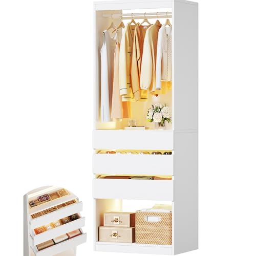 HUAHUU Freestanding 2FT Closet System with 3 Wood Drawers & Glasstop, 24" Closet Organizer System with Hanging Rod & LED Lights, Walk-in Closet Systems for Small Closets, White (24"L x 16" W x 80" H)