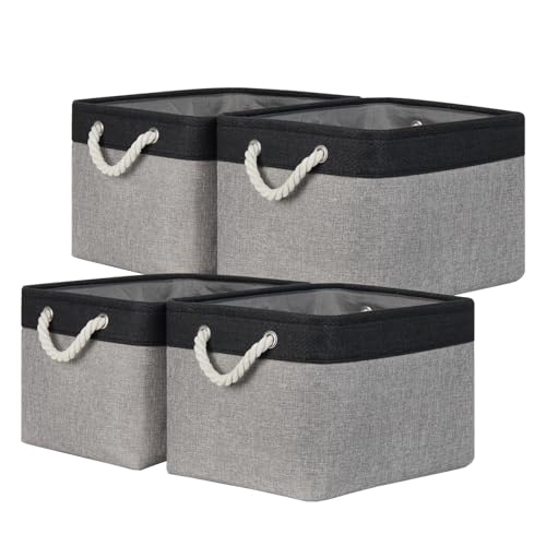 Temary Fabric Storage Baskets 4Pack Storage Bins Decorative Basket for Gift, Clothes Bin with Rope Handle, Rectangle Baskets for Storage, Blankets(Black&Gray,15x11x9.5 inch) - color: black&grey, size: 15"L x 11"W x 9.5"H