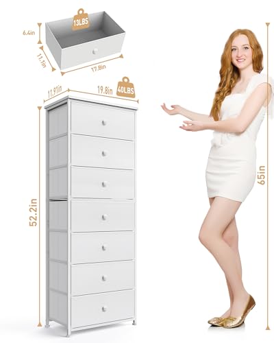 Mifuro Tall Fabric Dresser for Bedroom, Vertical Storage Organizer Tower with 7 Drawers, Chest of Drawers with Bins, Steel Frame, Wood Top for Bedroom, Closet, Entryway White - color: White, size: 7 Large Drawers
