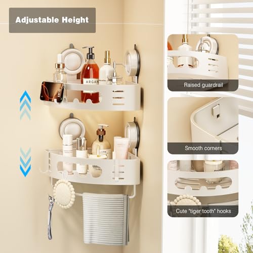Voldra Corner Shower Caddy Suction Cup, Aluminum Corner Shower Shelves for Wall No Drilling, Large Suction Cup Shower Organizer with Towel Bar & Hooks Removable Bathroom Storage(2 Pack-Cream White) - color: Cream White-Corners, size: 2 Pack