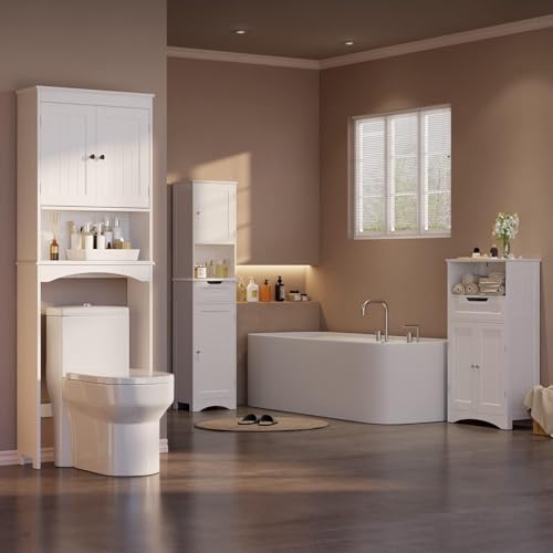 Gizoon Over the Toilet Storage Cabinet with Adjustable Shelf and Double Doors, Bathroom Space Saver Organizer Above Toilet with Open Shelf, Taller Wooden Free Standing Toilet Rack -White - color: White