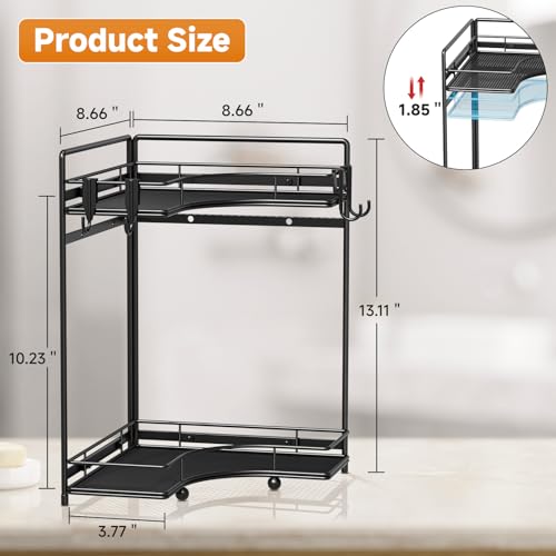 VITVITI 2-Tier Corner Bathroom Counter Organizer, Bathroom Countertop Organizer Storage for Sink, Metal Mesh Makeup Organizer for Vanity Countertop Kitchen with Hooks, Black - color: Black