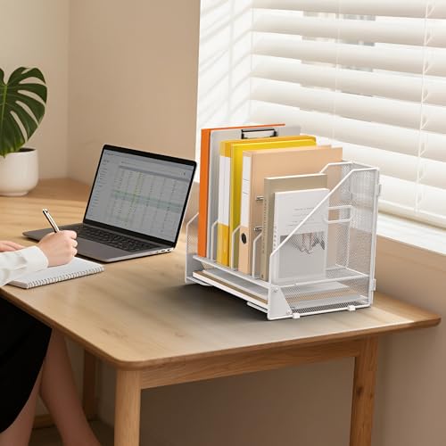 Desk File Folder Holder Organizer-4 Vertical Compartments Racks and Paper Letter Tray,Mesh Magazine File Holder Sorter,Desktop Accessories & Workspace Organizers for Home,Office,School-White - color: 4 Compartments-white