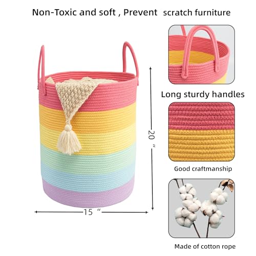 Woven Cotton Rope Laundry basket-15”X20” Laundry Hamper-Rope Storage Basket for Dirty Clothes, Toys and Blankets Perfect for Bathroom, Baby nursery and Living Room Storage (rainbow) - color: rainbow, size: regular