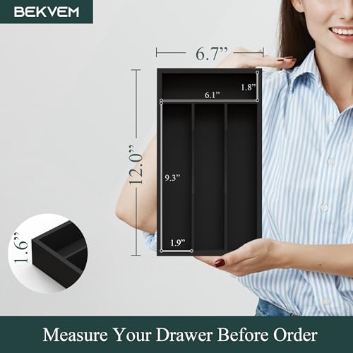 Small Silverware Organizer, Bamboo Kitchen Drawer Organizer, Utensil Holder, Cutlery Tray & Spoon Flatware Storage with Grooved Drawer Dividers (Black, 6.7''W x 12''D) - color: Black, size: 6.7''W x 12''D